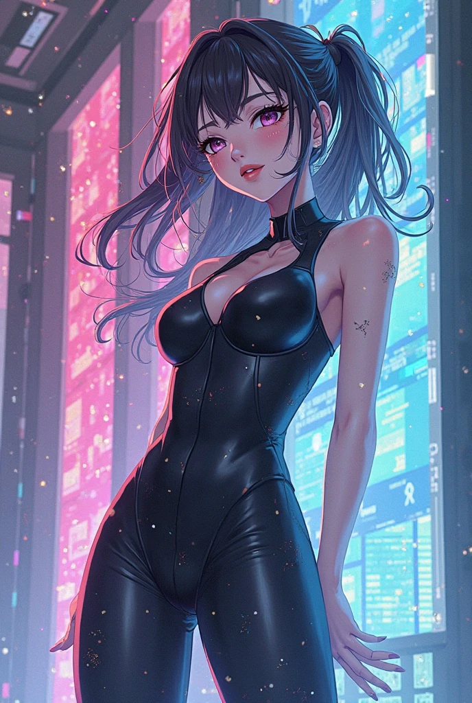 (masterpiece, best quality), beautiful woman, 23 years, soft light, blue jumpsuit, silver sequin, glitter, cleveage, long hair, long twintails, hairbows, black hair, alluring, big georgeous eyes, soft smile, perfect slim fit body, realistic background, empty apartment, standing, realistic background, bright colors, (risograph), full body shot, fullbody, medium breasts, solo, cleveage, sexy
