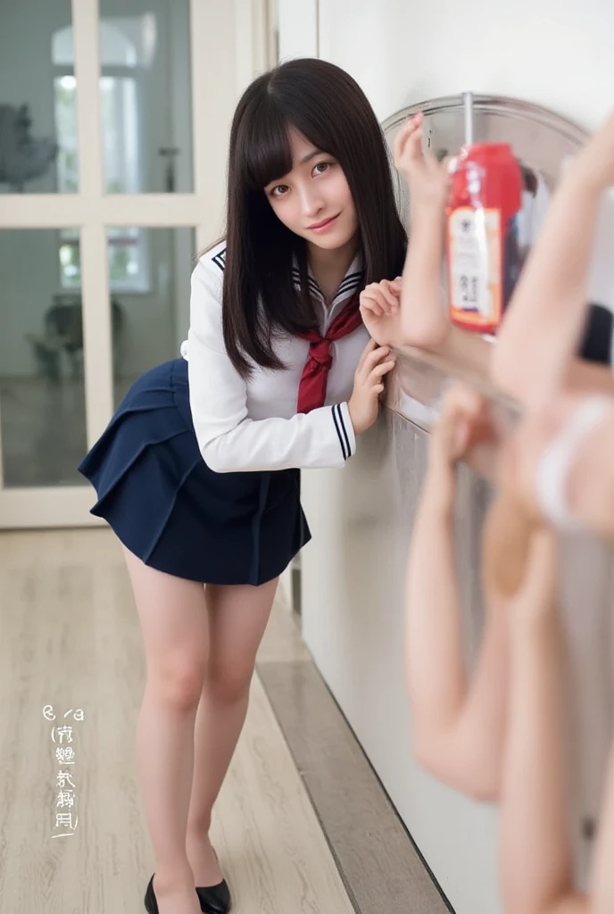 anime girl sitting on the floor with a bottle of water, anime girl drinks energy drink, beautiful anime girl squatting, the anime girl is crouching, smooth anime cg art, seductive anime girl, cute anime girl, attractive anime girl, a hyperrealistic , young anime girl, anime visual of a cute girl, (anime girl), beautiful anime high school girl,,smile,(small brests:1.2),(skinny:1.2),