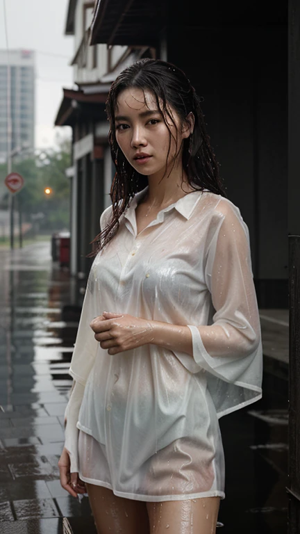 detailed, realistic photo of a Malay lady, standing in the middle of a road, soaking wet in a raining day, wet hair, wet white shirt, translucent shirt, gloomy weather, standing under heavy rain, 