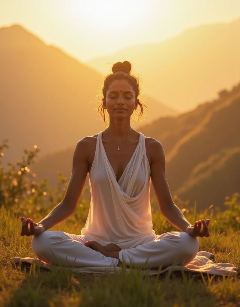 beautiful woman , meditation , meditation , Luxuriant , mountain , above the cloud, front view ,8k HD high definition 8k UHD, DSLR, perfect hand