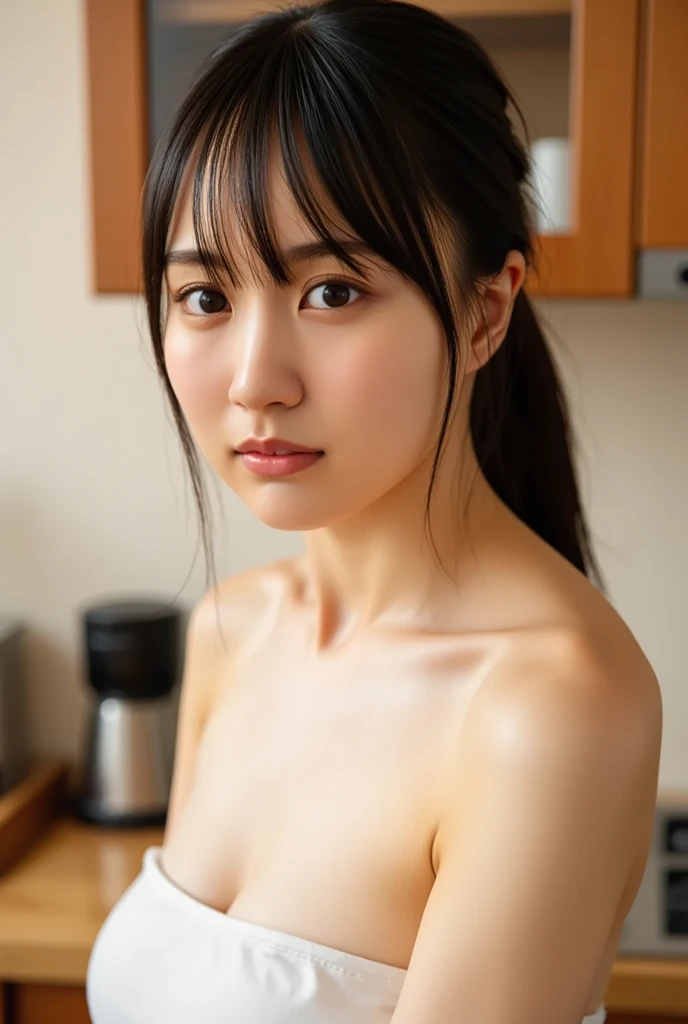 Japanese, beautiful teenage girl, 4 beautiful girls, E cup breasts, beautiful eyes, very natural, naked apron, full body, inside the cafe, waitress, graphic, realistic, lowest quality, low quality, normal quality, high quality, top quality,