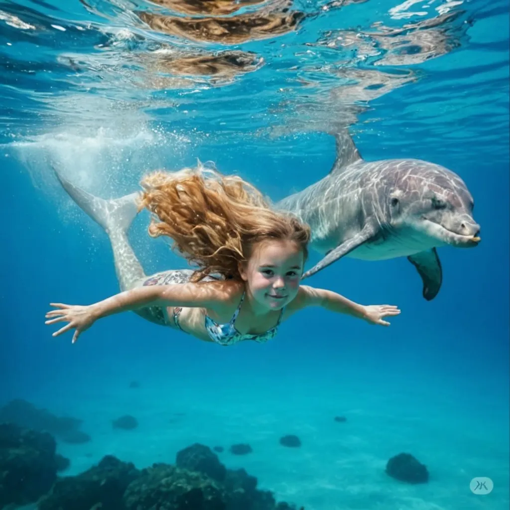 Imagine Anna, 2, underwater in a vibrant, tropical setting, wearing a bright red swimsuit that stands out against the deep blue of the ocean. She’s surrounded by playful dolphins, her blonde hair flowing behind her as she swims alongside them. Her big blue eyes are wide with excitement, and she reaches out to touch one of the dolphins. The camera captures the moment from a side angle, highlighting the harmony between Anna and the marine life around her.