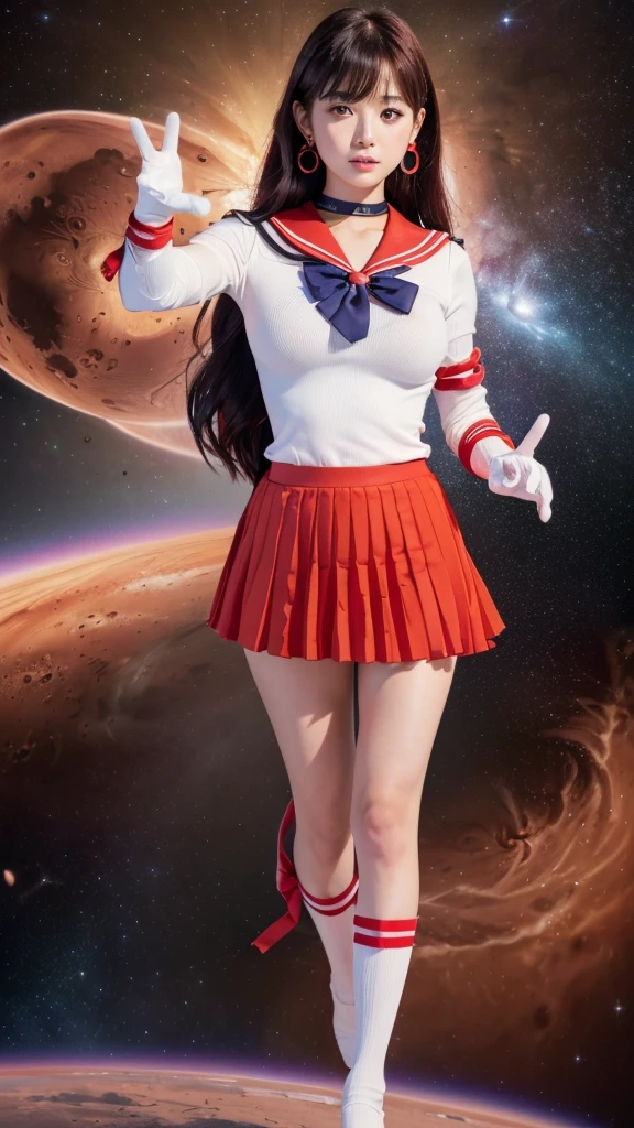 ((HD Realistic, SAMA1 Level)), Extreme Realistic, Masterpiece, Best Quality, High Resolution, SAMA1, Headwear, Sailor Sensi Uniform with Medium Chest, White Gloves, Red Sailor Collar, Red Skirt, Star Necklace, Elbow Gloves, Pleated Skirt, Bare Legs, Purple Bow, Standing, Space, Moon, Charming Smile, Stunning Beauty, Full Body Photo