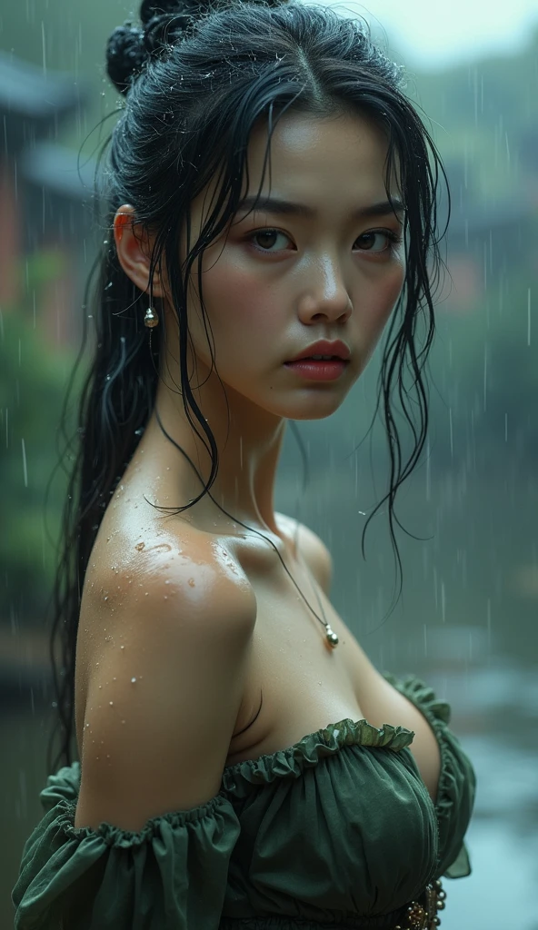 she likes to be very wet a high-resolution image capturing a young model with long, straight, wet hair covering her face under a shower with a water hose. the obscured face emits a cute, youthful vibe reminiscent of a 1 actress/model year 16 asian. she adorns an elegant, voluminous gala dress with a floral pattern and voluminous sleeves,