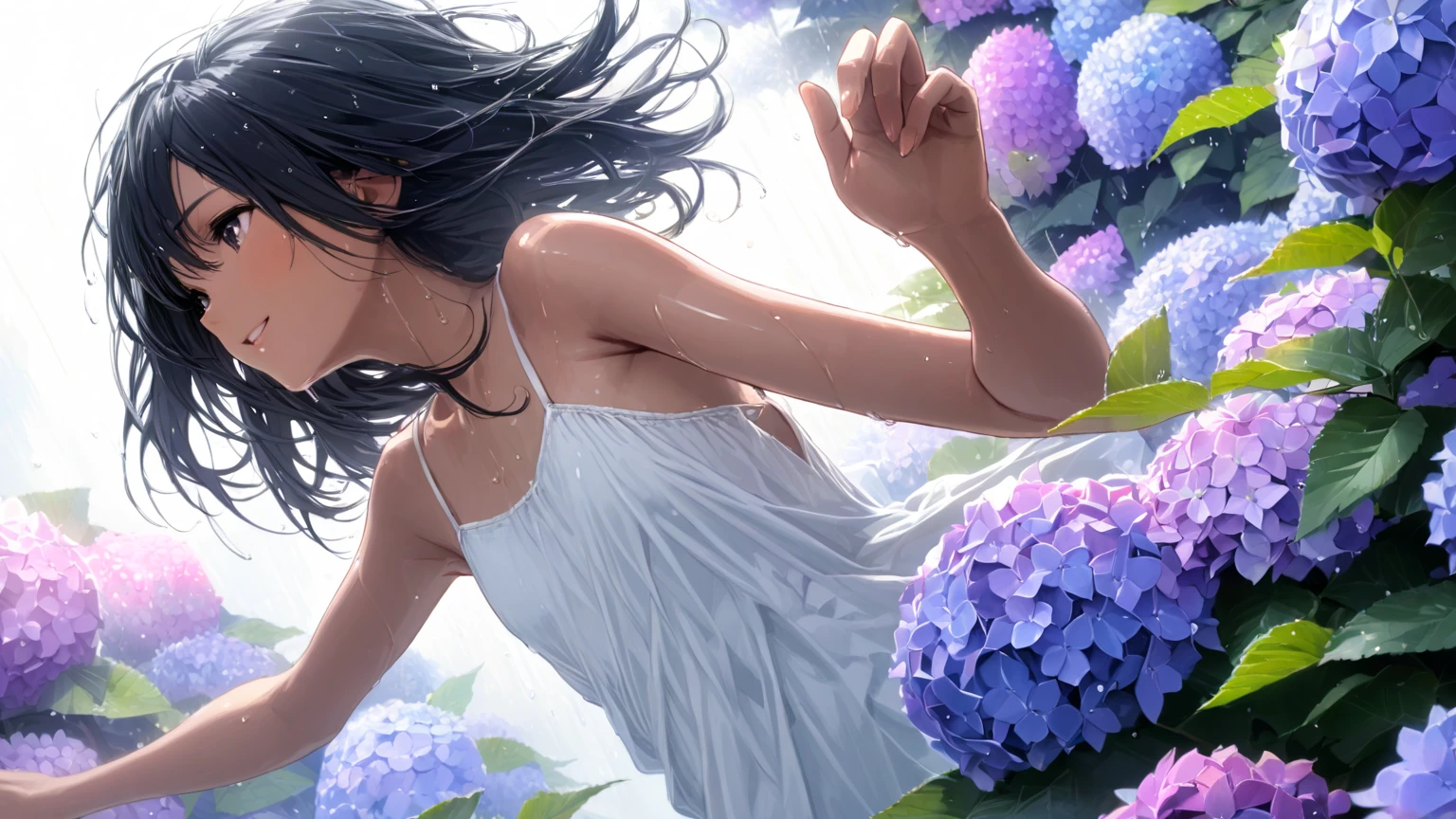 lavender field, blue sky, white cumulonimbus, contrails, shining sun, lavender flowers shimmering in the wind, photo quality, live action, reality, transparency, realistic depiction, 8K quality, UHD, DSLR, high quality, film grain, fujifilm XT3, girl in white camisole dress, standing figure, barefoot, hair swaying in the wind, hair up to shoulders, big, big eyes,