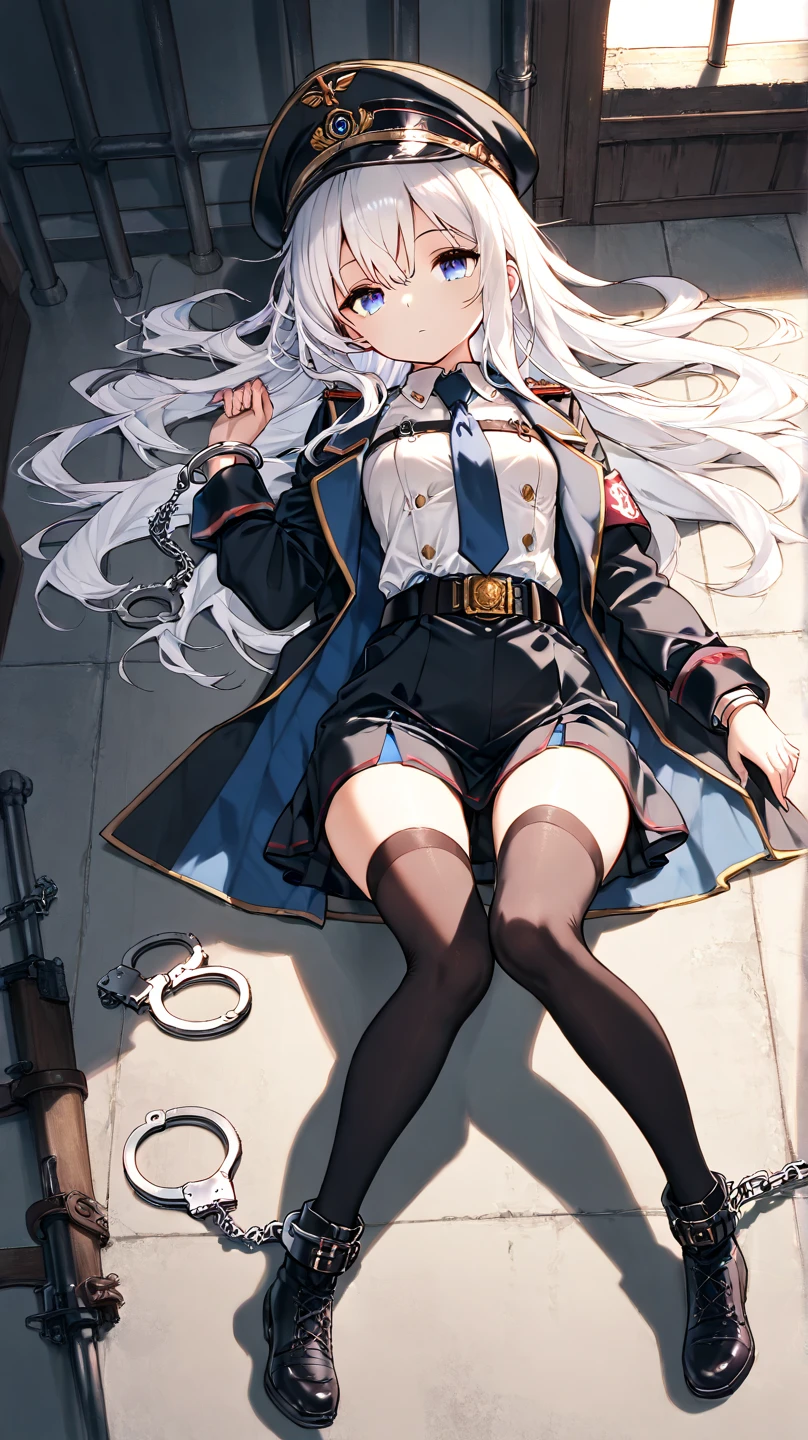 masterpiece, ultra detailed, 8k portrait, RAW photo, portrait photography, highly detailed face, beautiful and meticulous eyes, (black long hair:1.5), blue eyes, (white hair band and ribbon:1.5), white center line blue military uniform, blue pleats mini skirt, on the battle ship, white tights, half boots, standing, 