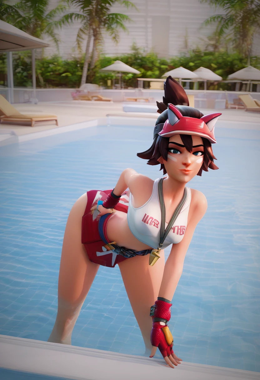 (8k, best quality, masterpiece:1.2), (realistic, photo-realistic:1.37), ultra-detailed, 1 girl,cute, solo, ,beautiful detailed blue eyes, medium wavy hair,  thighhigh socks , thick thighs, sitting on a beach, , smiling, looking at viewer, ,light brown hair, black lips, black lipstick, full body view, , whole body shot, red hat, skinny, yellow leotard