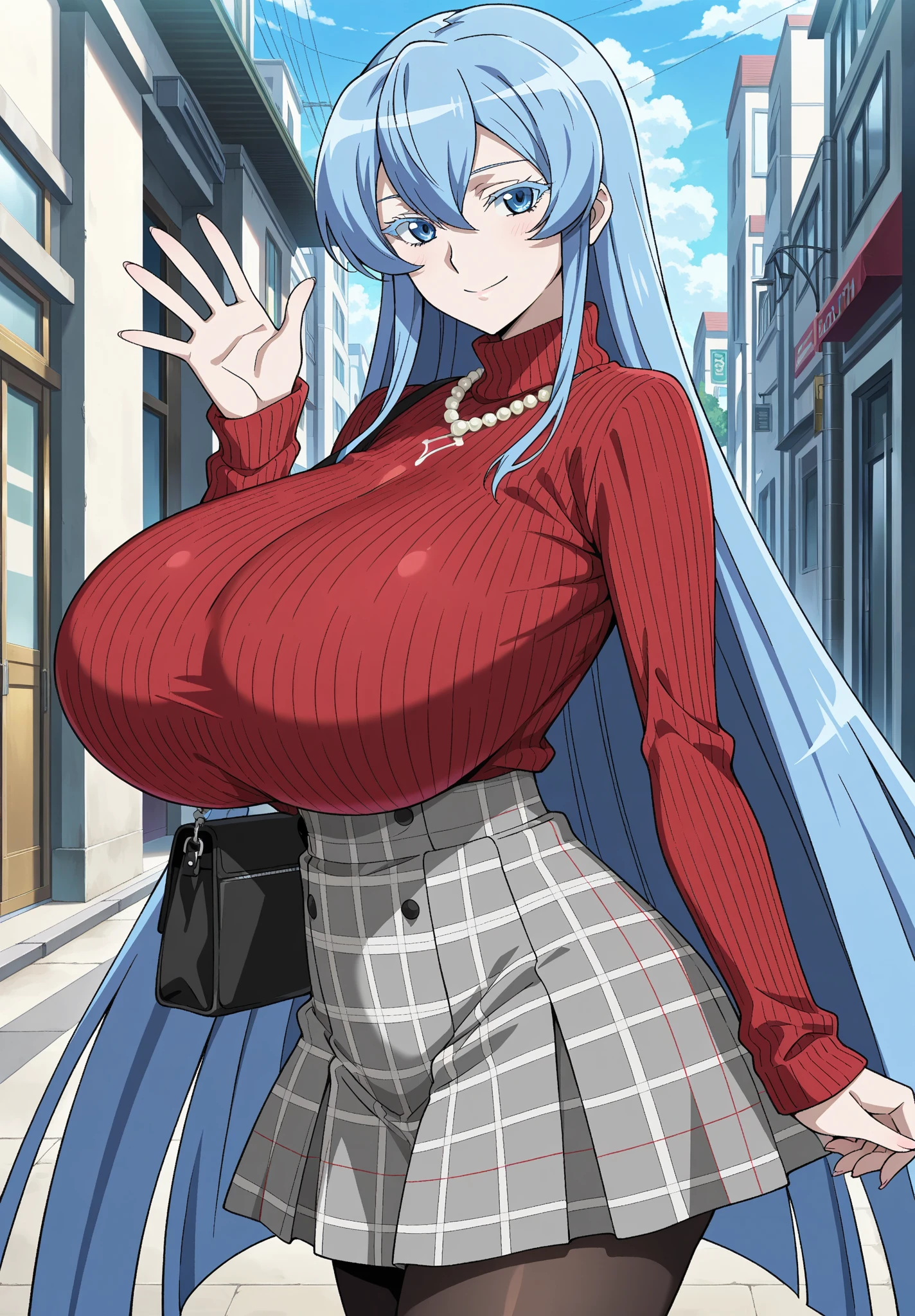 (masterpiece:1.37), best quality, (extremely detailed:1.37), woman, (very long hair:1.5), dark purple hair, purple eyes, (extremely detailed eyes:1.37), (wetting self:1.75), large breasts, stylish jacket, multicolored jackt, jeans, cleavage, navel, city, high-tech, street