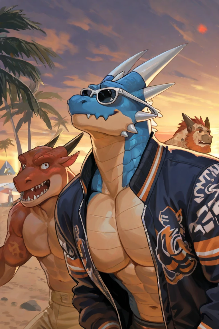 Dragon, female/female, beach, big breats, duo, small waist, wide hips, sexy, by bebebebebe, happy face, close view, beach cap, talking each other, summer skirt, showing tits, up shirt, sunglasses, lying in a longue chair, chilling, relax, pussy, scalie