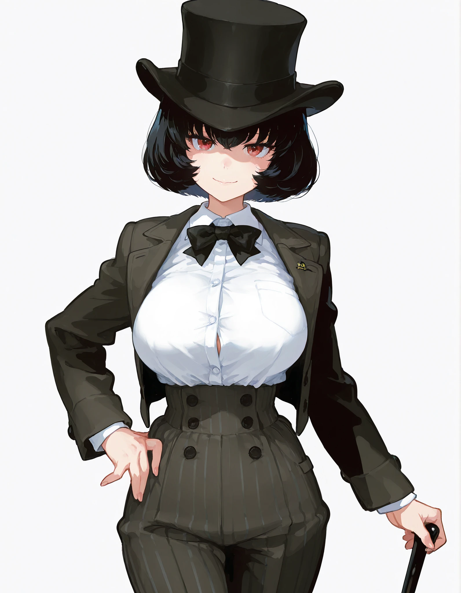 masterpiece, best quality, official anime illustration, (Shibusawa Eiichi genderbend:1.3), (original character:1.2), (1girl:1.2), (solo:1.2), cowboy shot, from front, voluptuous body, large breasts, looking at viewer, standing, one hand on hip, alluring seductive smile, early-20th-century Japanese industrialist attire, fitted black frock coat with cinched waist and low-button stance, crisp white double-collar shirt, black bow tie, dark pin-striped trousers, polished oxford shoes, ebony walking cane held lightly at side, raven wavy bob hair tucked beneath slightly tilted black silk top hat, rim light, sharp line-art, vivid cel shading, simple white background
