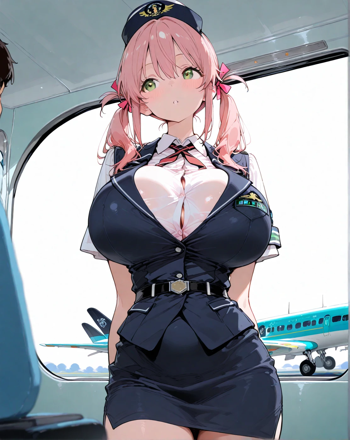 （（Best quality，8K，tmasterpiece：1.4））， Pink hair，Long braid on one side， Planes，Blue flight attendant uniform，Blue flight attendant hat， Delicate solid red bow tie，Black smooth skinny mini miniskirt，Bare breasts，huge tit，perfect body figure，Glossy glossy skin，Green eyes