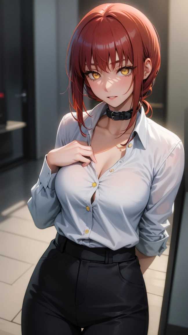 Makima, Makima, Long hair, malicious  Bangs, (Small breasts:1.2), (Yellow eyes:1.2), braid, Red hair , smug smile evil , braided ponytails, Ringed Eyes, BREAK  shirt, Long sleeves,  White shirt desabotoado , black  bra , neck tie, Collared shirt, thong pantie , garterbelt ,  Suit, black necktie, shirt tucked in, Break indoors, BREAK looking at viewer, BREAK (masutepiece:1.2), Best Quality, High resolution, Unity 8k wallpaper, (Illustration:0.8), (Beautiful detailed eyes:1.6), extra detailed face, Perfect Lighting, (Perfect hands, Perfect ???????), sexy , big  breasts  .