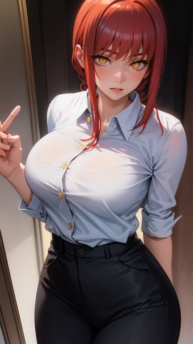 (masterpiece, best quality:1.2), alone, 1 girl, Red hair, yellow eyes, run away,, Collared unbuttoned shirt, No peito, a lot of, Black unbuttoned pants, wide hips,