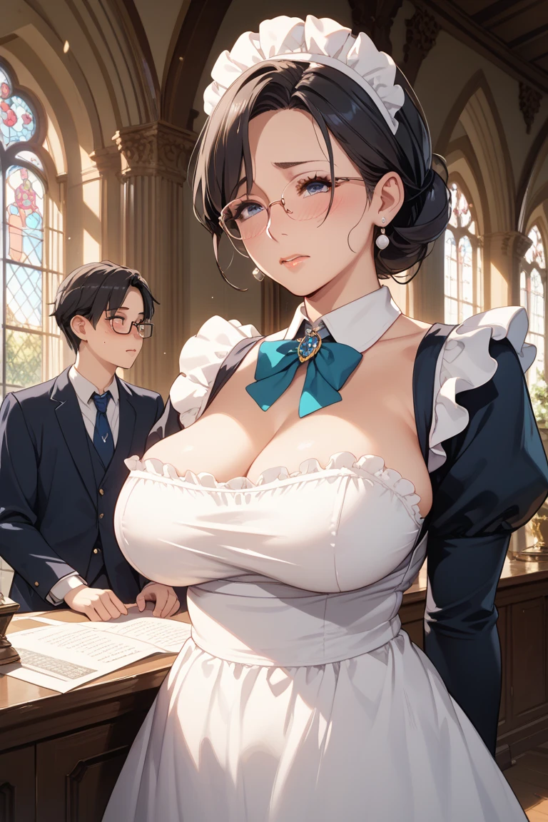 Gorgeous and sultry busty athletic (thin) brunette queen with sharp facial features wearing a modest updo, dark red medieval dress, long sleeves, intricate patterns, scrollwork, wide neck, crown, veil, long dress, modest dress, tight bodice, silver belt, (waist chain), medieval jewelry, Middle Ages, castle, rampart, wall, exterior, on top of a castle wall, trees, countryside, evening, sunset. large breasts.
