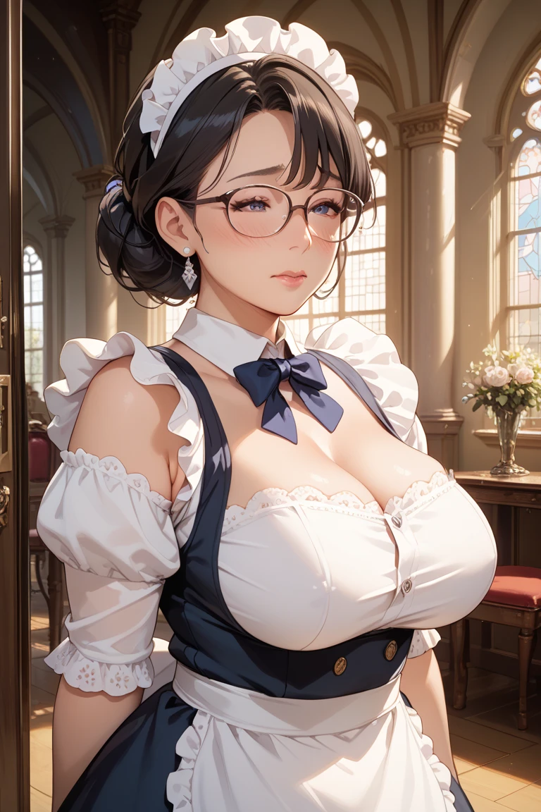 (64k, RAW photo, highres, best quality, masterpiece:2.0), (ultra-fine depiction of the detail:2.0), (realistic, beautiful, photo-realistic:1.3), 2girls, sisters in law, (yuri alpha), (long black hair, slightly messy), (slightly messy diagonal bangs:1.0), (single braid bun, double bun), (shiny black hair, blue-gray eyes), (cool glasses), (gothic style vivid blue choker), (blue bowtie and ribbon), (simple but high-quality maid dress), (elaborately designed, vivid dark emerald green, spiked gantlets), (solemn maid dress with gothic style coreset), (huge breasts, sexy cleavage), (elegant and handsome woman), (shiny skin, pink lips), (looking at the viewer), (closed mouth, a faint smile), (a caring, gentle gaze towards the viewer:1.2), (at a quiet bar counter, in the night, filled with solemn, mysterious atmosphere), (highly sophisticated professional HDR, with effective ambient occlusion, perfectly optimized effective spot light and front light:1.8), (perfect, natural, harmonious composition), (photo-realistic, ultra-detailed:1.5), ((portrait, cowboy shot:1.6))