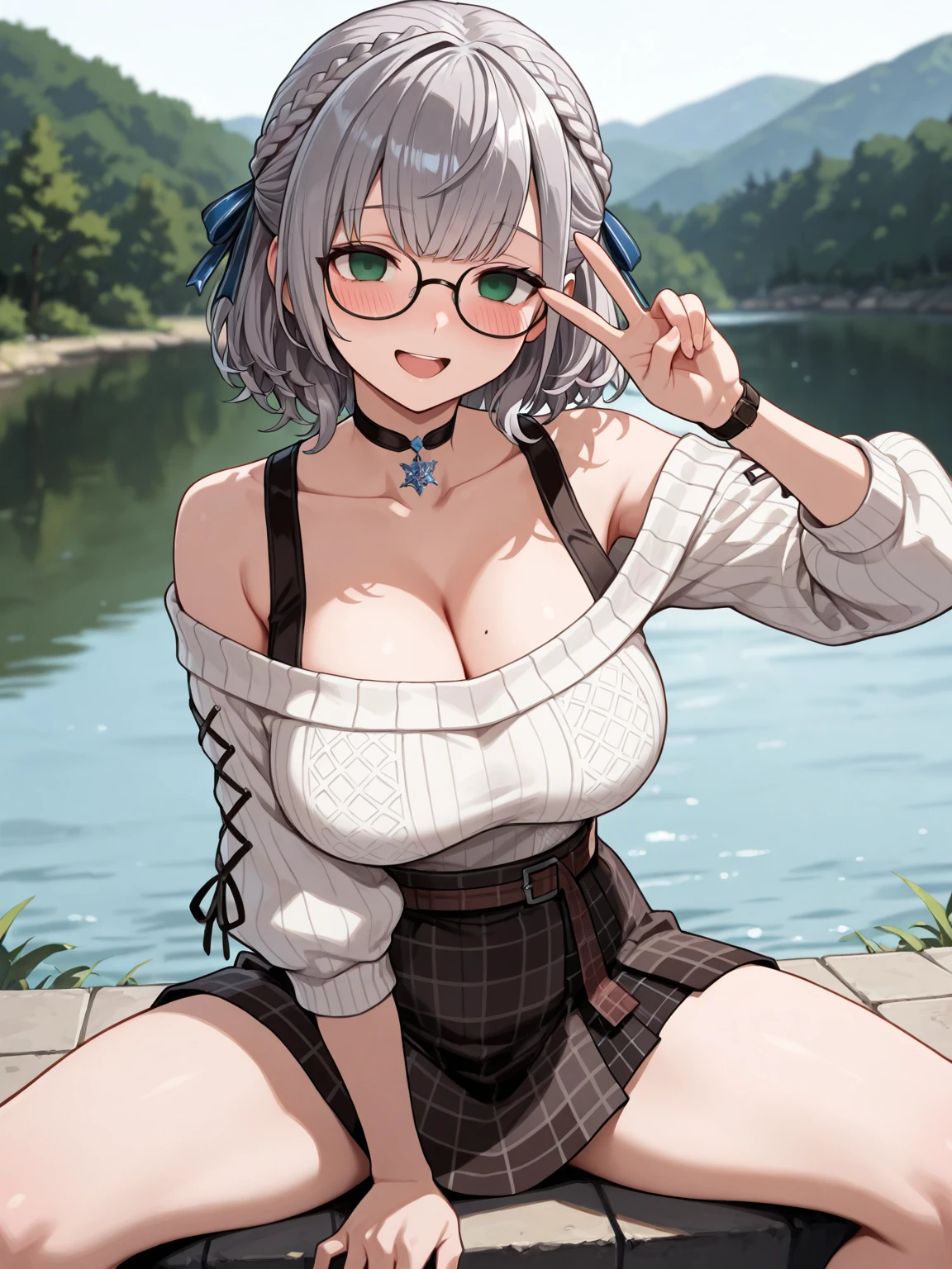 master-piece, bestquality, 1girls,16 years old, View viewers from the side, HD, slight smile, big tits, cleavage, tights cloth, , tiny body, sit, outdoor, mountain, wear glasses;