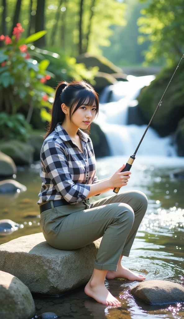 A beautiful Thai girl with smooth white skin, well-groomed face, wearing a plaid shirt,cargo pants, lots of pockets,, black hair, Korean-style bun, facing the camera, posing sitting on a rock while holding a fishing rod, fishing in a calm flowing river,the water flows clearly between the small rocks,left and right of the river are overgrown, red orchid flowers are very beautiful and amazing, very beautiful waterfall background.original photo, realistic
