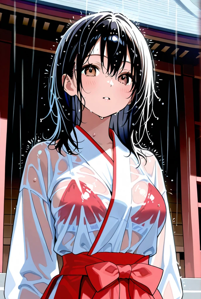 masterpiece, best quality, very aesthetic, absurdres,2d,anime,BRAKE
1girl,black hair,(long hair,wet hair,wet:1.2),relieved,embarrassed,undressing clothes,nsfw,turn,nipple,hakama,side spin,rain,heavy rain,under tree,