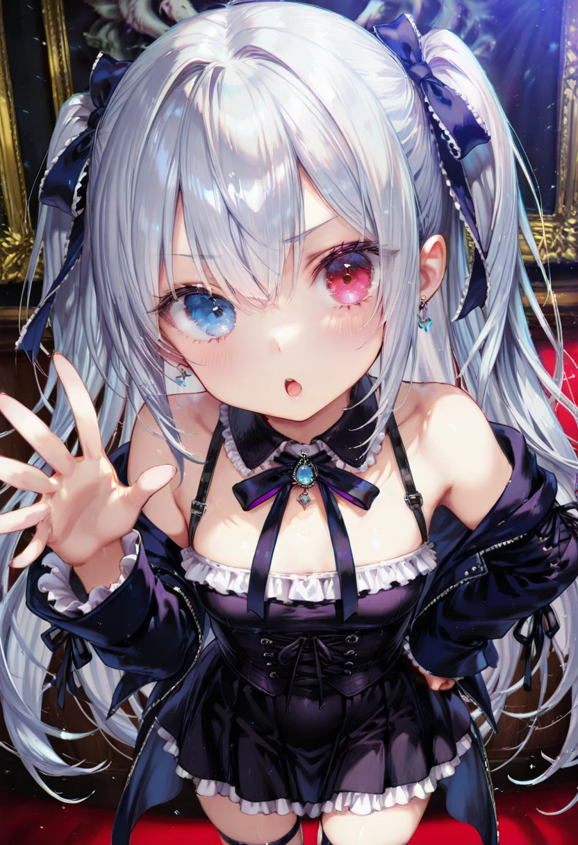 Highest quality,Highest Resolution,Sexy black gothic lolita opens her mouth and drools while crying,Bedroom,Big purple eyes,