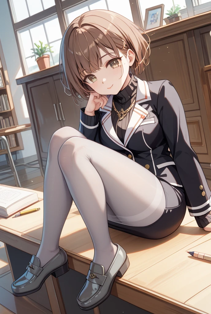 Highest quality, masterpiece, High resolution, (Head to Toe full body), front, frontやや下からの構図, Symmetric, Tall 18 year old girl, alone, (Head to Toe), (Small breasts), Unkempt brown hair, bangs, (black tights), (Black Pantyhose), (Sit with your legs apart), (Crouching pose), (Composition depicting white panties), (Her legs were spread、I see your white pants.), (I was made to sit on the floor with my legs spread...), (M-shaped feet), Thin legs, とても美しくTall 18 year old girl, (No shoes), blush, Shy big eyes, Looking into the camera, Blazer Uniform, Checkered Pleated Skirt