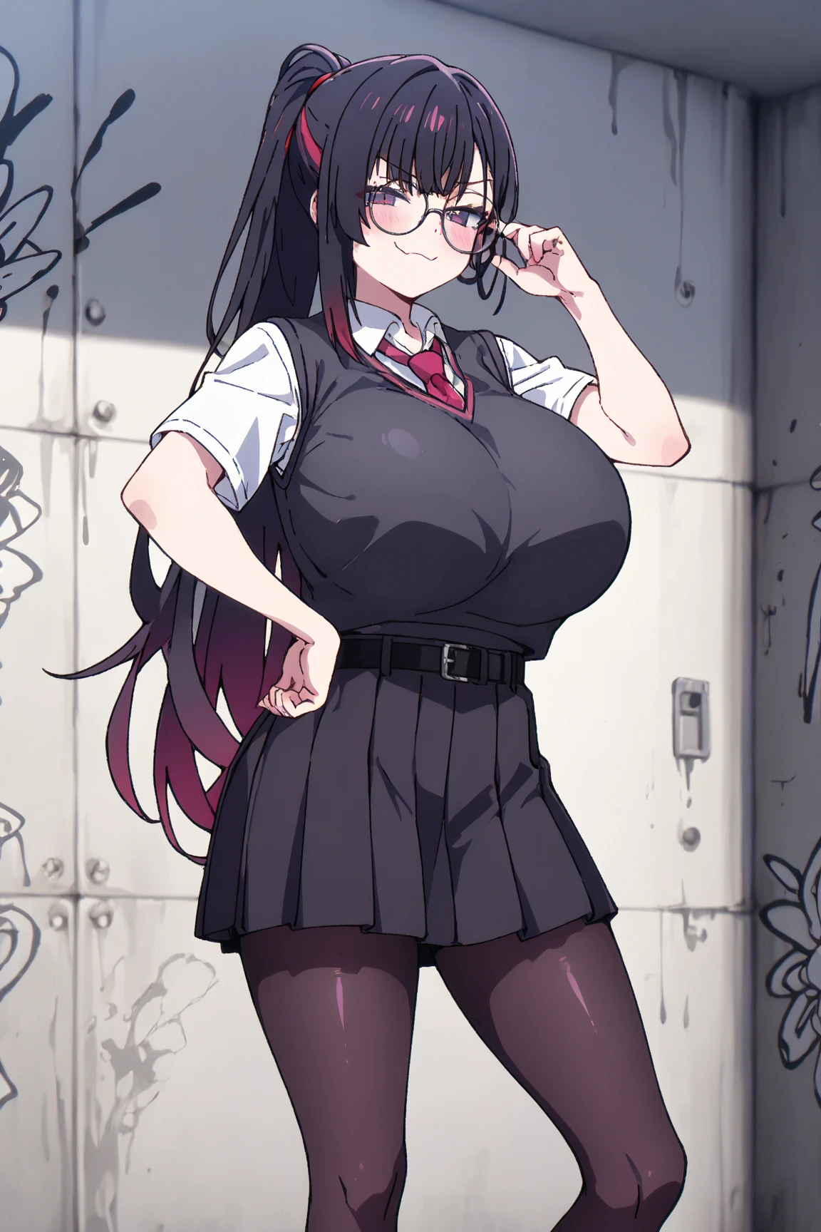 (best quality masterpiece:1.2) 8k, pee on the street, pee , 1girl, big breast, big areola, mature body, black hair, long hair, multicolored hair, pink glasses, red eyes, jewelry, earrings, piercing, school uniform, white shirt, tied shirt, black choker, blue necktie, micro pleated skirt, no panties, no bra, black thigh high, thigh gap, smells, LOW angle, medium shots 1:4 , from below, lower view, pubic exposed, blush face, random posed, lewd smile, wet thight, White liquid everywhere.