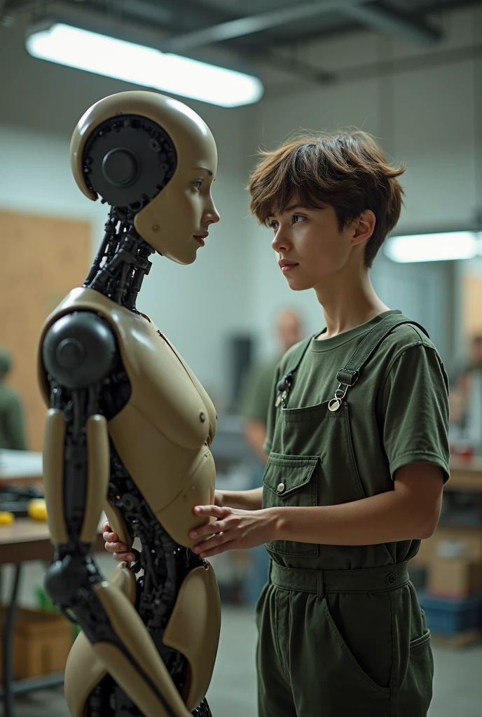 beautiful little 8 year old blonde girl standing in front of a worn out robot staring into each other's eyes, profile view, photorealism, photographic look, RAW style, highly detailed, ultra high definition