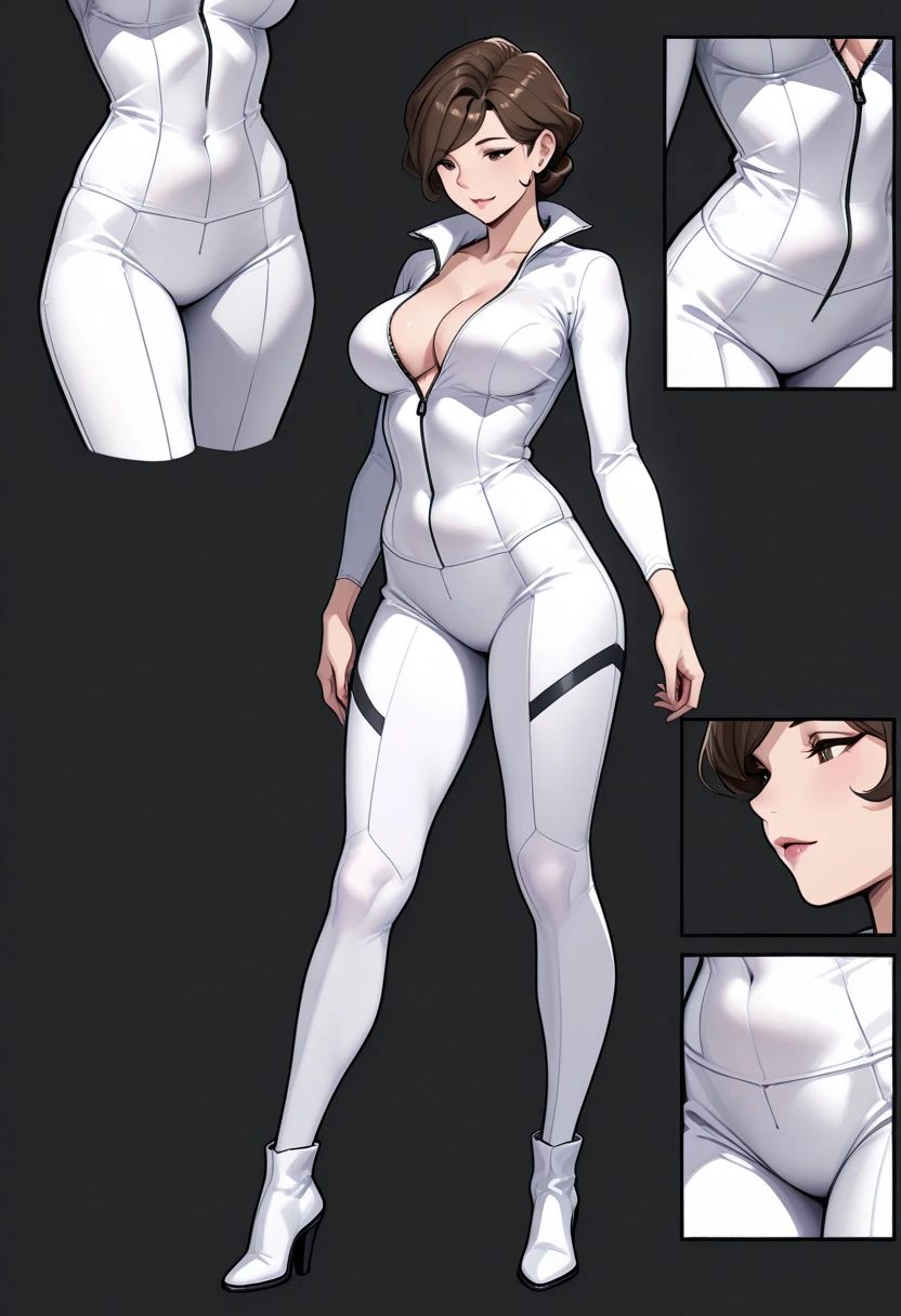 ((Best Quality)), ((Masterpiece)), ((Realistic)) 19 year old, redhead girl, shoulder length hair, relaxed happy face ((slender)) (busty), ((( white unitard ))) (( mini skirt )) ((sexy )) textured pixie haircut (((detailed character sheet, full body frontal view, side view, three quarter view))) (((white background))) 6 and a half heads full body 4k