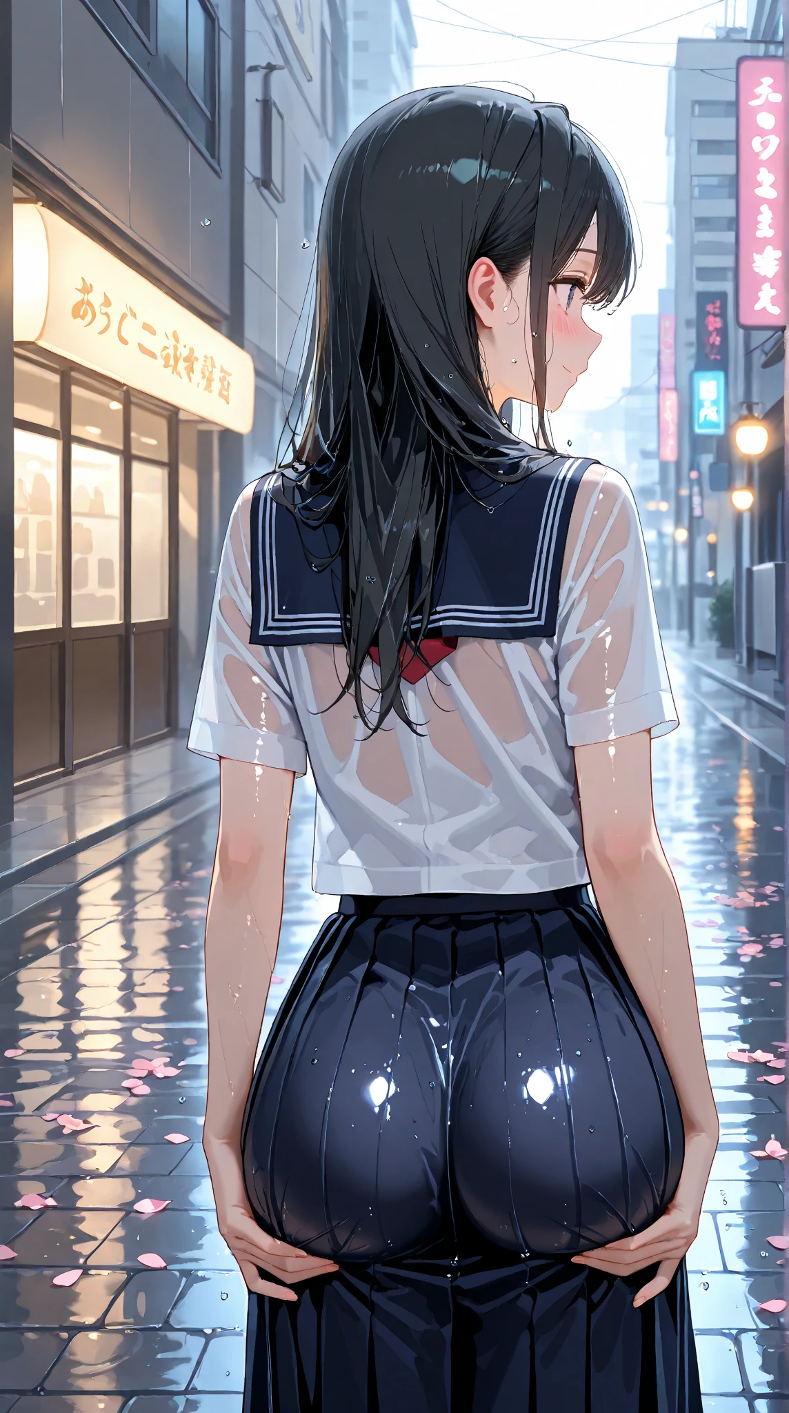 high school girl、beautiful girl、Black Hair、Big breasted body type、Big Hips、From behind、Sailor-style 、Navy blue pleated skirt、Flushed Cheeks、Moist eyes、Shy expression、The veranda on a rainy day、Erotic atmosphere、Immoral scene、Sensual scene、Wet Hair、Wet Skin、Wet clothes、Lifting up a wet skirt