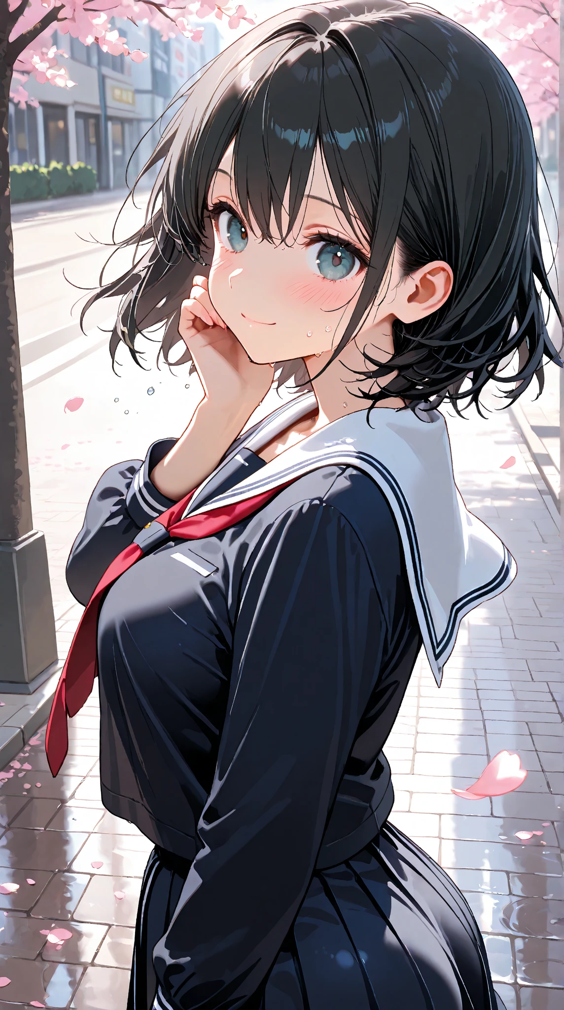 Short black hair and black eyes、primary school student, girl、Small breasts、Smile、There are bright spots around the eyes、cute hairpin、I can see the whole body、School,primary school student服