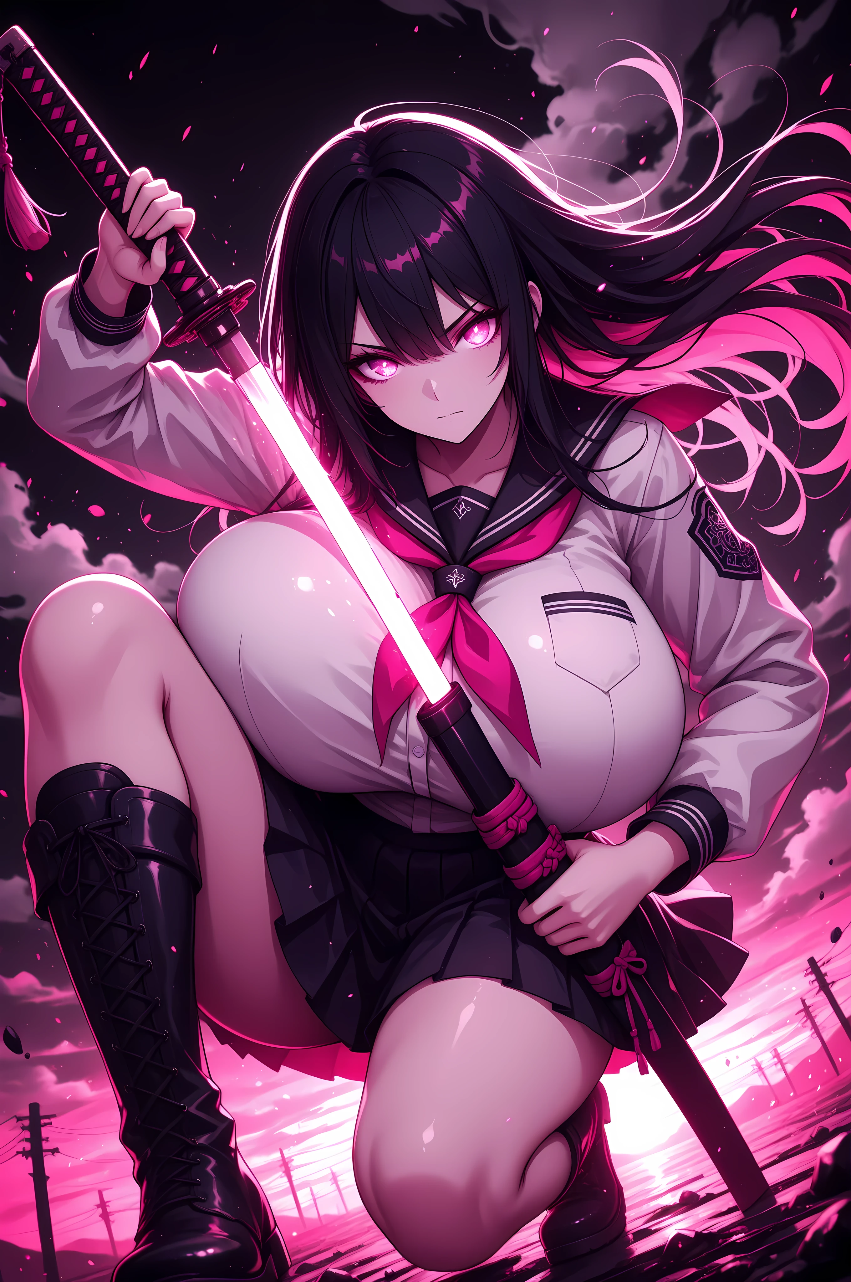 (((Masterpiece))), top Quality, dynamic composition, 1girl, hand on katana, unsheathing, school uniform, solo, black hair, looking at viewer, bangs, fuchsia eyes, long hair, closed mouth, embers, black background, boots, dynamic pose, dutch angle,foreshortening, twilight, glowing, ink background, abstract background, bright colors, dark, pink theme, gray smoke, neon trim, gigantic breasts,