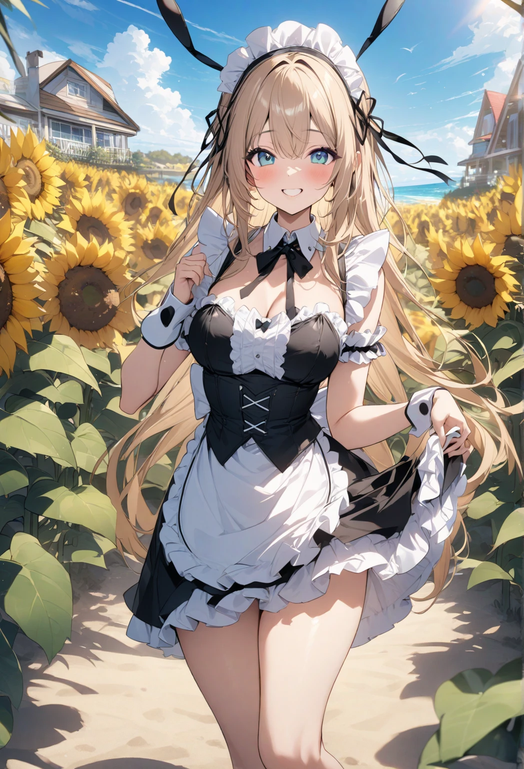(masterpiece), (best quality), (ultra-detailed),(best shadow:0.4), (best illustration), (an extremely delicate and beautiful), photorealistic, dramatic lighting, finely detail, 1girl, solo, (shioi:1.5), (shioichan:1.5), the l word, radiant beach, detailed scenery, blue sky, white cloud, sunlight, diffraction spikes, walking, (white camisole:1.22), white skirt, (finely detailed iris), smile, :d, short ponytail, (dark skin:0.3), (tanlines:1.3), feet out of frame, holding bouquet, holding, dark brown eyes,((( petitegirl with blonde twin tail,　colorful gosic maid dress))),NSFW