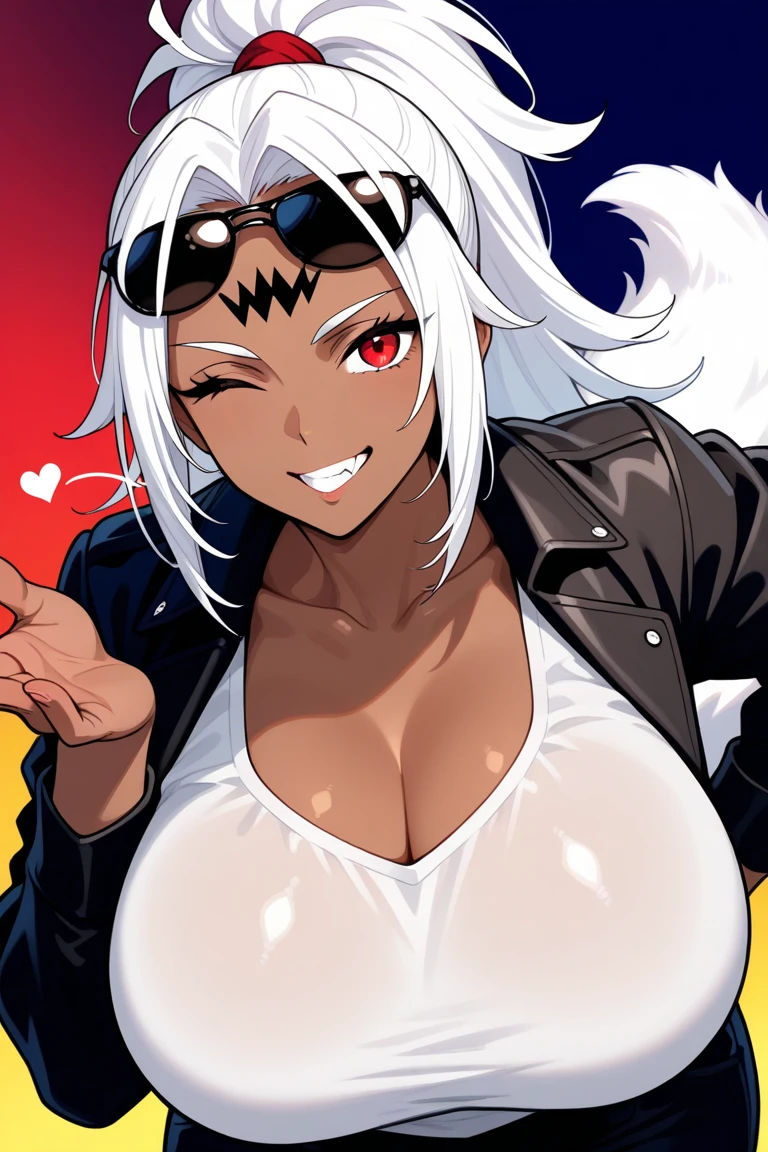 (masterpiece:1.2)、Highest quality、PIXIV、Rebellious girl、One girl、Open your mouth、鋭いteeth、teeth、Long Hair、Street background、gem、badge、ボタンbadge、Food、Bright red eyes、Earrings、Jacket、eyelash、Foodを下にして、Upper Body、Characters in clothes、zipper、collar、cable、chain、Stickers、hoodie、smile、Focus on the viewer、Chest in the center、Shoulder Bare、Belly button、Black and white hair color,leaning forward,Cyberpunk city,Night view,Black and white grey outfit,Overflowing drool、saliva、White Breath、Sigh