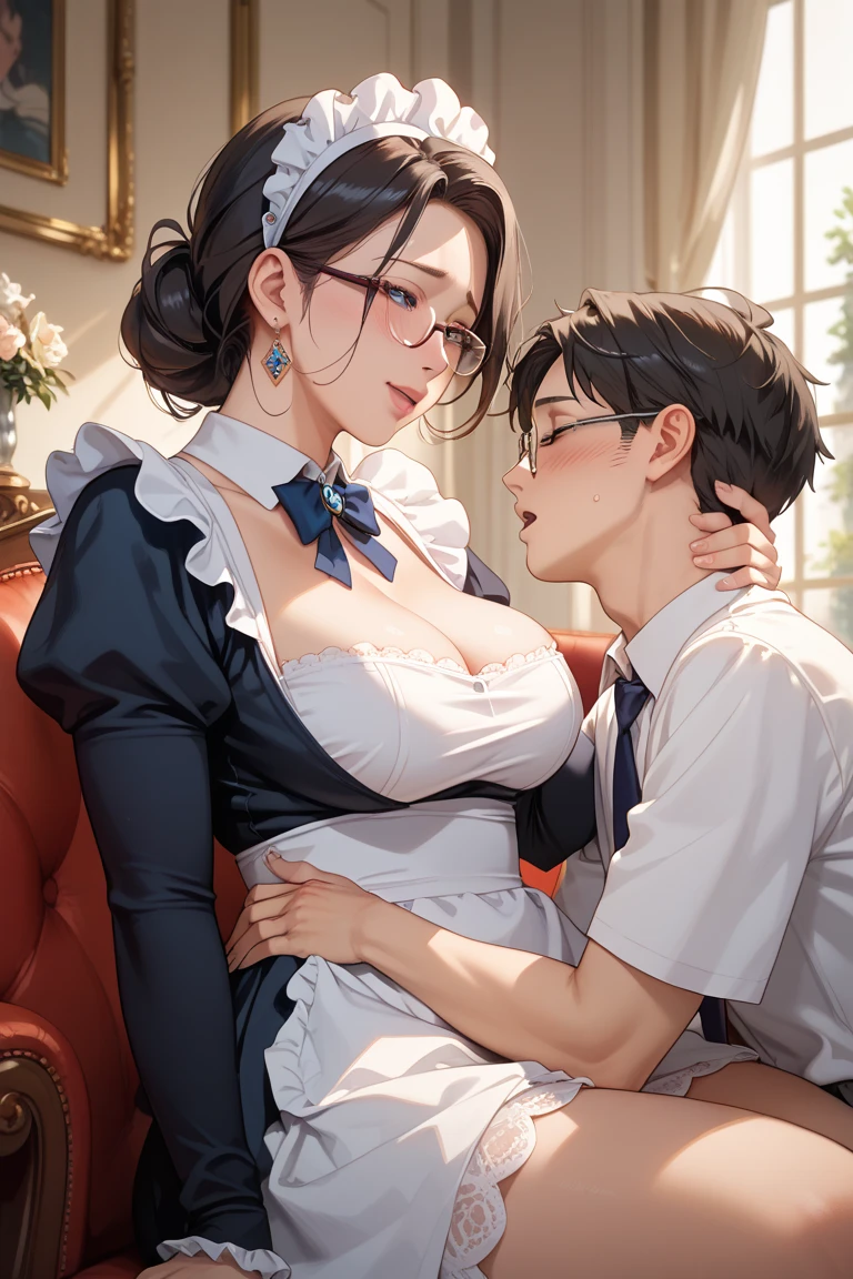 (((1milf:1.2)),(((nsfw))),masterpiece, highest quality,very detailed, dynamic angle,perfect hands, detailed shiny skin, thin hair, fine eyes, amazing background, meaningful background, absurd background, artistic overlay,The style is surrealism, cinematic lighting, ray tracing,sacred light, perspective,(in the room),(tears:1.2),(at office),(open mouth:1.1),(Sweat:1.3),(huge breasts:1.0),(((Breasts spilling out of the lace bra))),grey suit, open jacket, office lady, suit, pants,,((littleboy touching mother's buttocks:1.3))),looking away:1.1