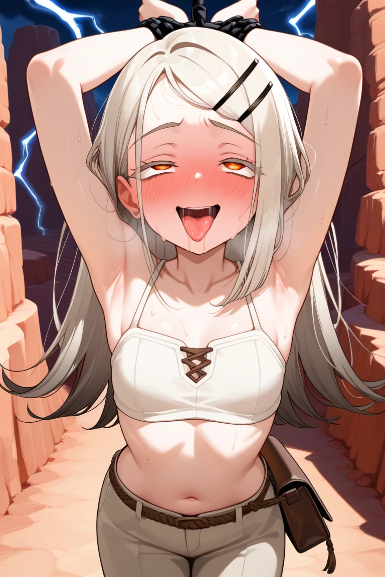 (masterpiece:1.2), (highest quality:1.2), perfect eyes, perfect face, perfect lighting, desert, (((((nude))))), nsfw, , 1 boy,blonde gold eye, ((((((hair over one eye,)))))), single braid, side braid, spike hair, dull bangs, bob hair, Ahoge, cute eyes looking at the viewer, (fang), sweat, open mouth, ((((disdain)))), (((cum on pussy))), ((abs)), contrapposto, arms behind head,