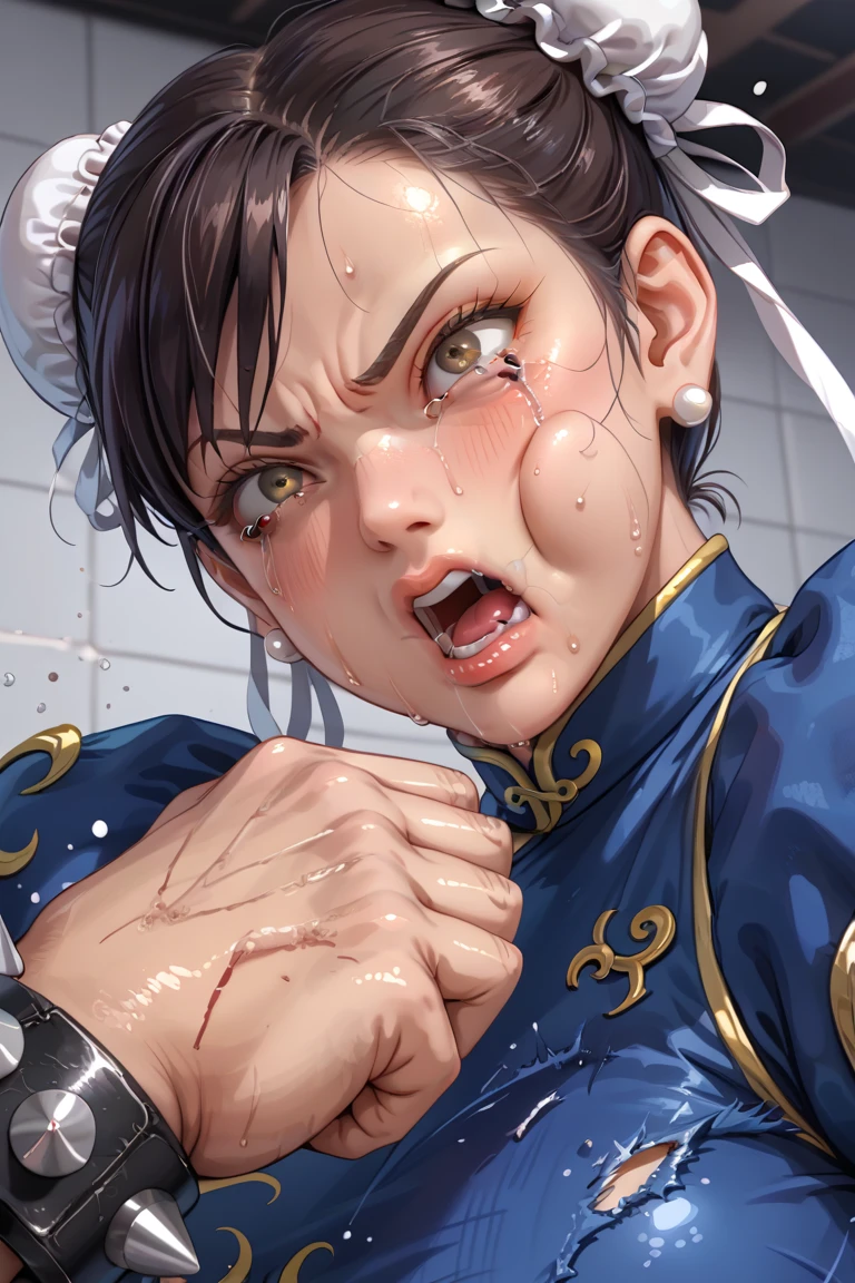 ((solo)),portrait,pov,(1girl),facing away,nsfw, (High quality, Ultra detailed, best quality, insanely detailed, beautiful,extremely detailed damege),8K,anime,toxic art,(((she is brutally knocked on the face:1.3))), (((monstrous men punching her cheek:1.2))), (((knocked in the face))), (((assaulted))), pain, (((her cheek is deformed by the violent impact:1.3))), (her chin is deformed by the impact),(((strangled woman view:1.17))), (scratch on face or breast),(Are Are crying, Weak and tired eyes, tears: 1.2),( Bruises or blood on the face or body, Blood flowing from the head and face, Bodily injury or injury, Wounds and cuts, Bleeding lips: 1.2), (Tattered clothes: 1.2), Bloodstains on clothes,(((torn clothes))), (((exposed naked breasts))), (((fast strangling movement effect:1.2))),break,(((chun-li was the torture death match victim,sf2 chun,young,24yo,double bun, bun cover, China dress, Chai Pao, Blue clothes, Puffy sleeves, Brown pantyhose, White Belt, huge breasts,thick body))),break,Arms tied,(breast bondage:1.3),shibari arms,bondage,(arms behind back:1.29),restraint rope,Sweaty body,tearsdrop,break,In the underground cage,Anatomically correct、Severe injuries to face and body、Ropes that dig into the body、Tied up with rope,