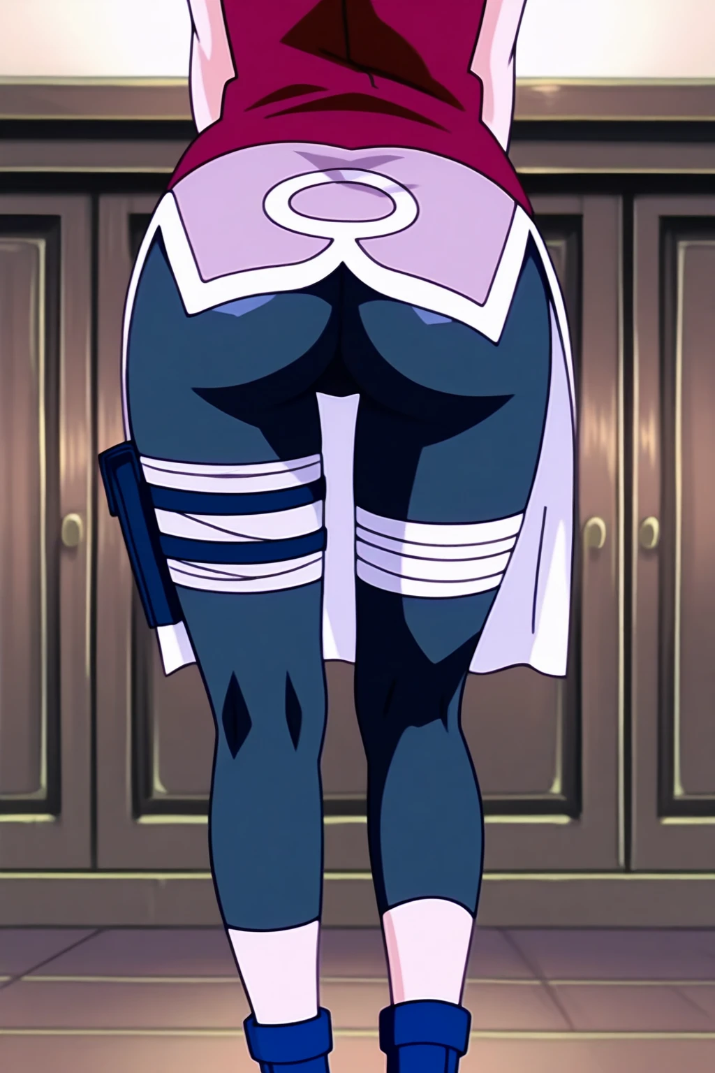 Thin anime girl with blue hair on her back dancing on a pole. The girl's hands are tied to the pole with police handcuffs.