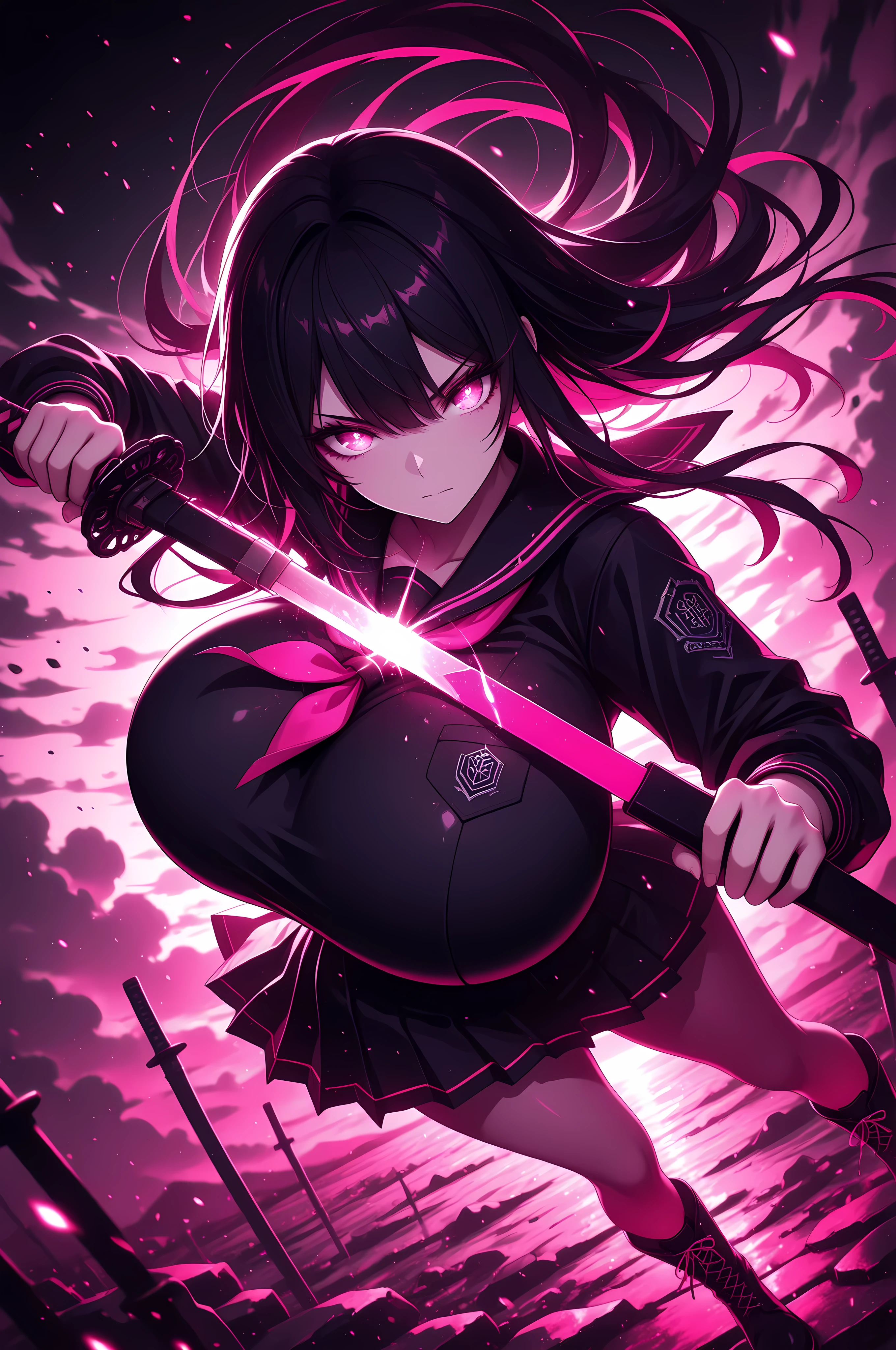 (((Masterpiece))), top Quality, dynamic composition, 1girl, hand on katana, unsheathing, school uniform, solo, black hair, looking at viewer, bangs,  fuchsia eyes, long hair, closed mouth, embers, black background, boots, dynamic pose, dutch angle,foreshortening, twilight, glowing, ink background, abstract background, bright colors, dark, pink theme, gray smoke, neon trim, gigantic breasts,