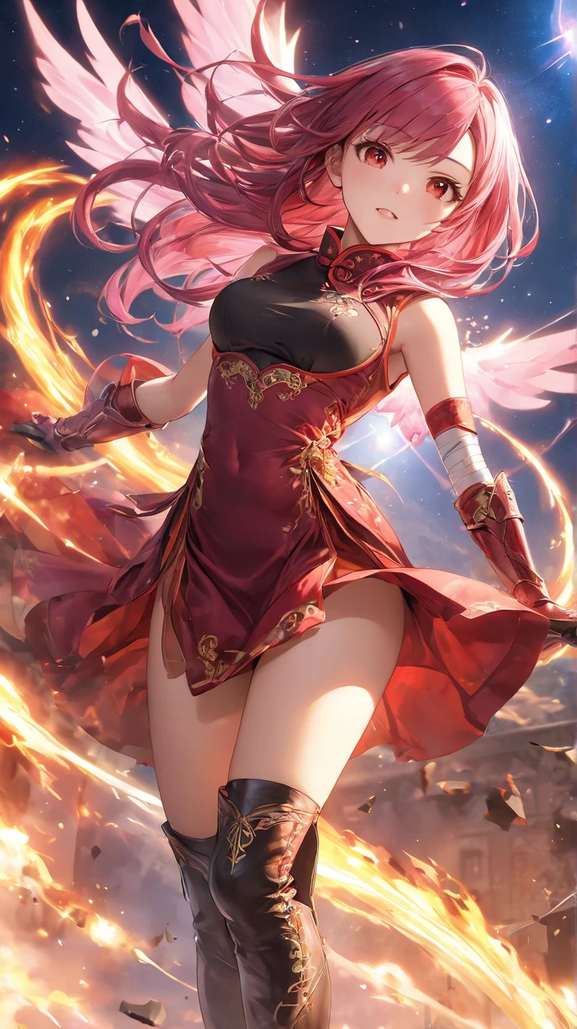 Red long curly hair, loli, pink long cheongsam, standing alone, legs up, standing apart
