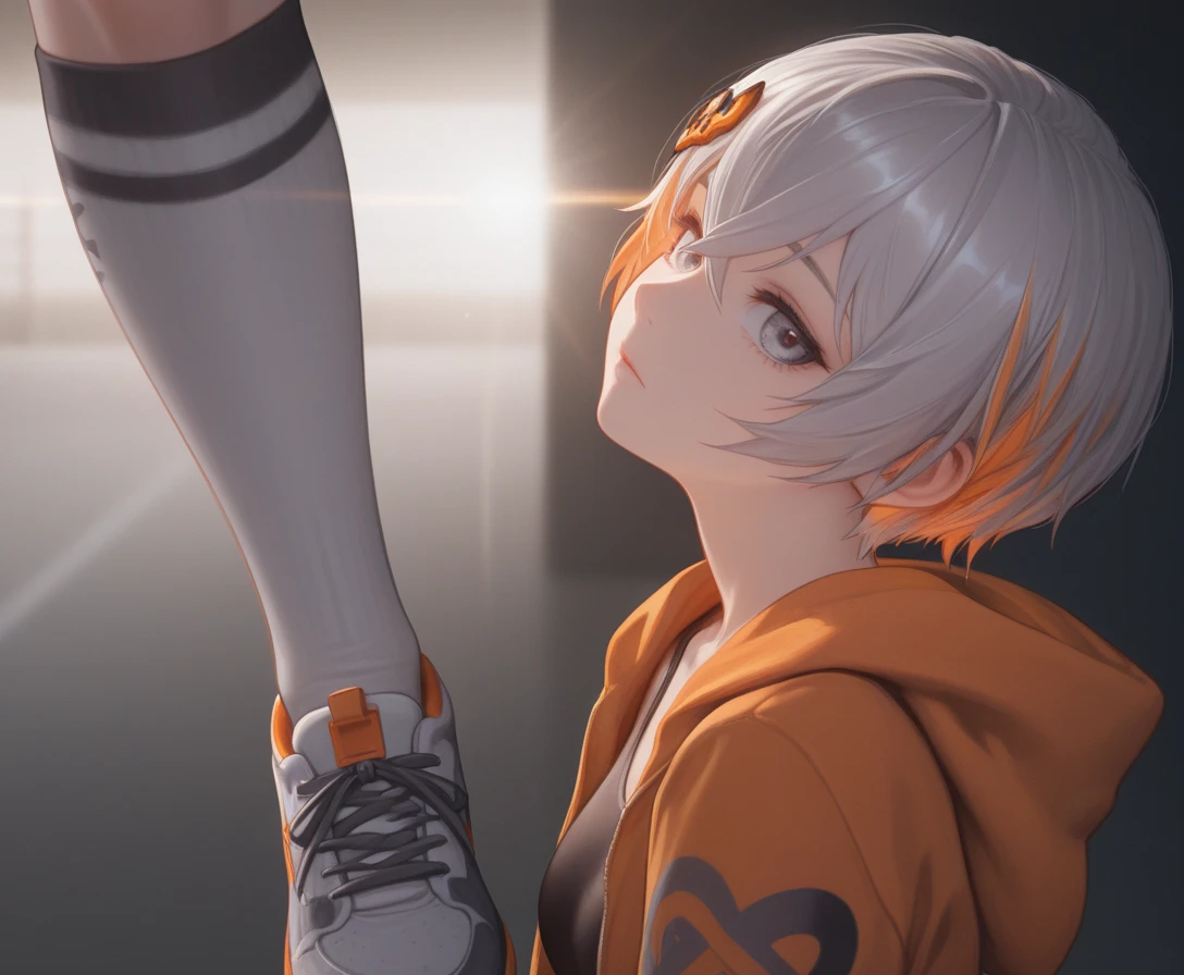Best quality,tmasterpiece,yellow tanktop,White color hair,short detailed hair,anger expression,shorter pants,wiping sweat