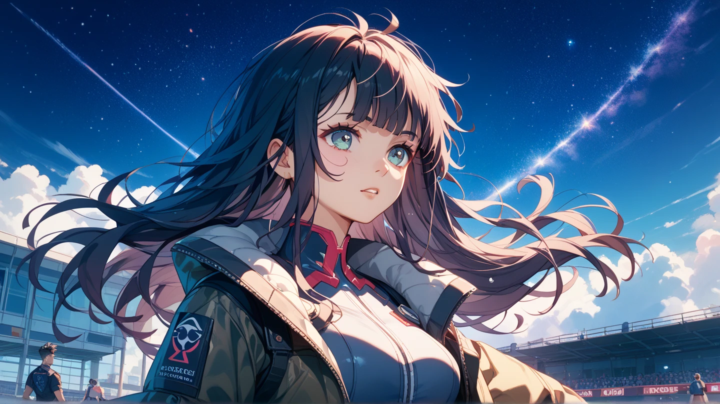 masterpiece:1.2), best quality , solo ,pixiv, anime girl ,(white long straight hair:1.2) , black eyes ,Wearing off-white camouflage uniform ,Ten years old,Snow,battlefield,(eyes looking into the distance:1.3),(look away:1.5),snowy weather,dirty face,There is blood on the forehead,dirty face,Backlight,Bare rocky peaks ,Very cheerful expression,