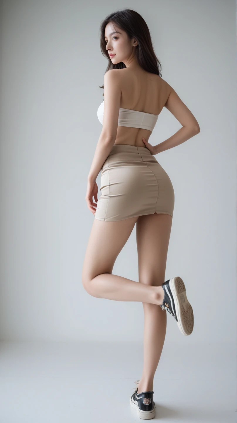 Tight black top:1.2, looking at the audience, Cinema lighting, perfect, soft light, High resolution skin:1.2, Realistic skin texture, 18 years old、a small face、No makeup,Off the shoulders,Bust C cup、blue eyes, bun, dark brown hair、Completely naked、gray background、(15 Year Old 1.5), European teen, brunette teen, teen cute face, white skin, girl beautiful face, beautiful baby girl, medium Breasts, Big Eyes, Long Legs, fitness body, (school girl outfit 1.5), naked torso, (black Tiny mini Skirt 1.5), (show legs and thighs), black platform high heels, Slim sexy long legs, modeling, medium Angle Shot, Full Body lust, sexy Slim body, (sexy aluring stance, (spread legs towards viewer 1.5), ass and thighs showing, New York, United States, ray tracing, HDR