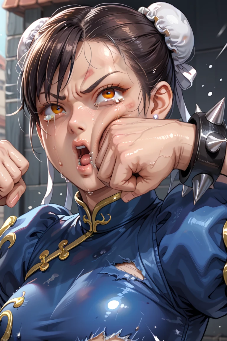 The best masterpieces, ultra-quality, ultra-detailliert, 超A high resolution, Illustration, Dim lighting, Photo, 8K, 1girl in, Outrageously beautiful and cute, Sweaty skin,(, Shy), Chun-Li, SF2CL,Face full of scars、Skin shiny with sweat、 injured scared girl、 crying wet bursting out eyes, real tears streaming down face, ultra-detailed eyes,bandaid on face,covered with mud,expression of despair,Illumination that emphasizes shiny sweat{{{Spread }}},(crotch rope walking:1.0)