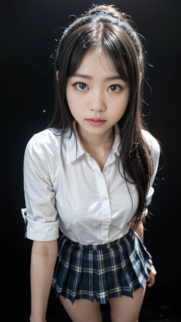alone、high school girl、Natural body shape、White skin、Natural Makeup、Black Hair、bangs、Straight Long Hair、(Lift up the skirt)、() 、、White school shirt、red bowtie、Navy blue pleated skirt、Sitting at a desk、Spread your legs、(Big Breasts:1.4)、(Small size pure white panties)、((The upper body is wearing a uniform))、(Bedroom:1.3)、(On the bed)、Low Angle、(looking at the camera:1.5)、White socks、、Full body photo、Focus on the groin、(one side up hairstyle:1.3)(sweaty:1.5)