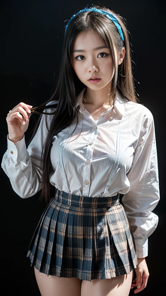 ultra Practical 8k cg, picture-Perfect face, Flawless, Clean, masterpiece, Professional artwork, Famous Artworks, Perfect face, Pretty Face, beautiful Eye, ((Perfect female body)), Solitary,(Immersive atmosphere, Chiaroscuro:1.5,Bright Light:1.2,Luminous lighting) ,,(blush:0.5),Expression,Extremely detailed_Eye,Thick thighs,Large Breasts, Beautiful and detailed background,Depth of Field,Practical:1.3, Long Shot,1 Girl,shirt,Pleated Skirt, , sit, whole body, (Ambient Light:1.3),(Composition:1.3),(Neon:0.1),(Human Development Report:0.1),Accent Lighting, White pantyhose,