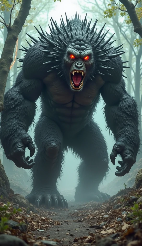 Extremely large giant troll (metamorphosis) muscular giant genetic mutant (giant, huge and monstrous body), mega-strong giant muscles, extremely giant, extremely torn muscles, imposing and infernal, torn leather clothes, with torso showing, in attack position, Expression creature's hateful facial, reptilian eyes, big sharp teeth, rough scaly body, rough furry gooey skin, terrifying 8k gothic cinematic atmosphere, cold color palettes. body elements with intensity. An opaque light effect, terror essence, appearance, threatening, dreadful, ghastly, dark mist, diagonal view, "dark black forest background", despair scary atmosphere.