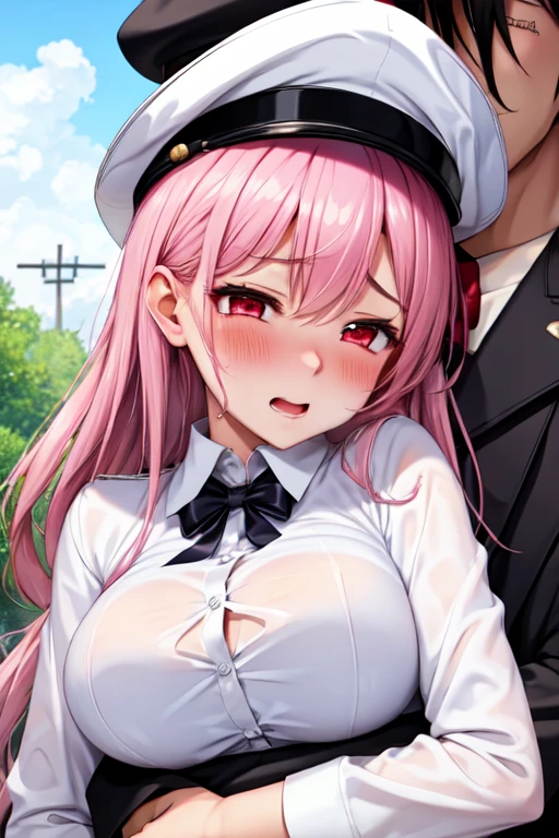 a girl with pink hair, long double-tailed hairstyle ((small pink bushy eyebrows)), wearing lolita bikini, marked vagina, lolicon (Zankuro) drawing style by zankuro artist, ザンクロー style, image uploaded to R34, girl sucking penis cum bubbling out of her mouth, on a street, girl giving a handjob to a man, girl tasting a finger