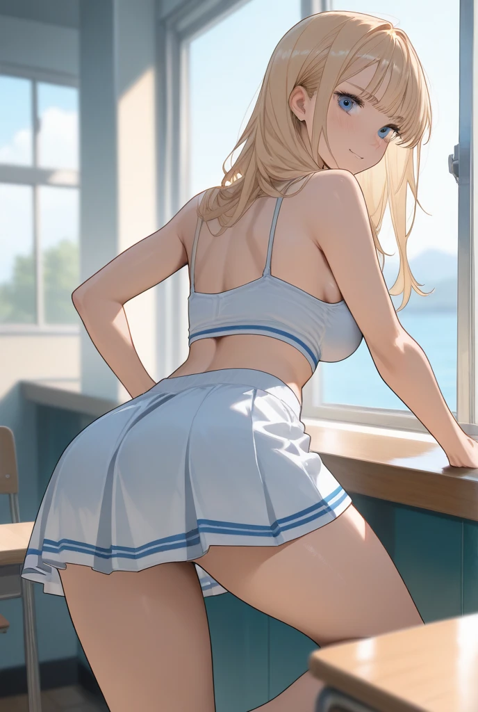 (masterpiece, best quality, high resolution), (Anna Tanaka), blonde schoolgirl in tank top and mini skirt, white ultra-thin panties, one girl, nsfw, ass, from below, looking down at me, sweaty, back view, up skirt