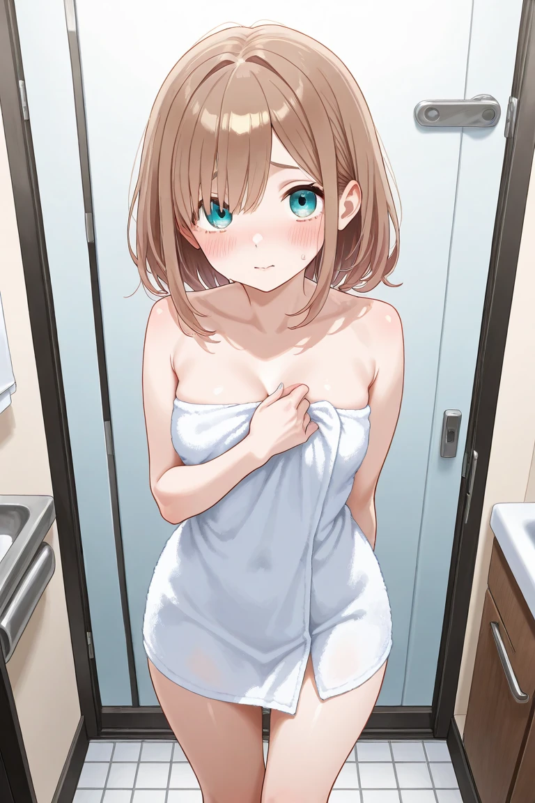 、(masterpiece、Highest quality)、Highest quality, Ultra-high resolution, (((masterpiece))), alone, Sweat、Big eyes, Composition from the front、Shortcuts、Embarrassed face、Bronze colored hair、Cut the back hair short、Bathroom、Shower scene、 Expose、Completely naked、pubic hair、belly button、Large areola、Nipples、short hair