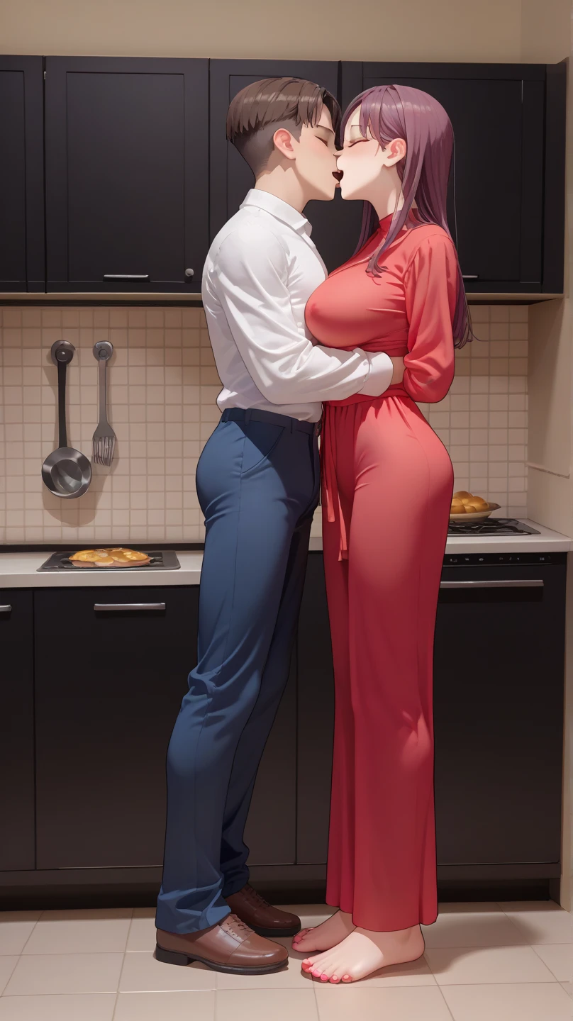score_9, score_8_up, score_7_up, source_anime, 1boy, 1girl, mature female is smiling, mother and son, ???, son's back against the wall, in a kitchen, ass grab, night time, business suit, kissing gently, nude