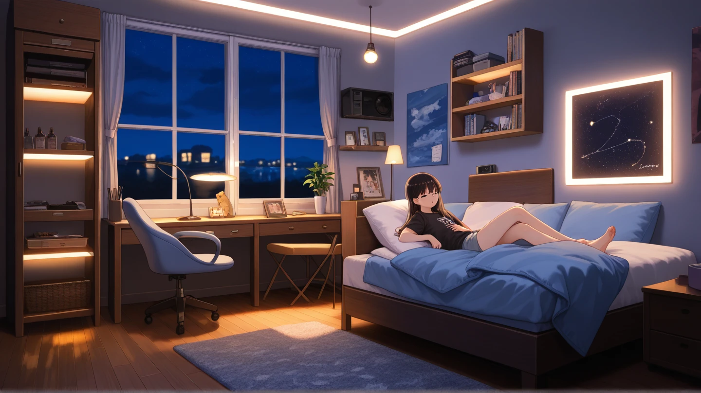 1girl, short hair, wearing white hoodie and black shorts, inside the bedroom, in the bed, sitting, sleepy expression, morning, there are few books inside the room, a dresser with glasses, alarm and some plants on pot on top of the dresser, wooden floor, some stuff in the wall like calendar, clock, warming calm ambience, light coming from the window, masterpiece, ultrahd, 4K